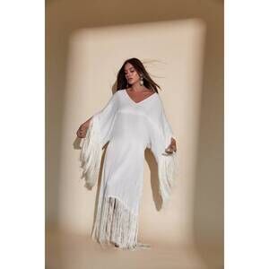 NEW KADIMAH sol fringe kaftan in off-white